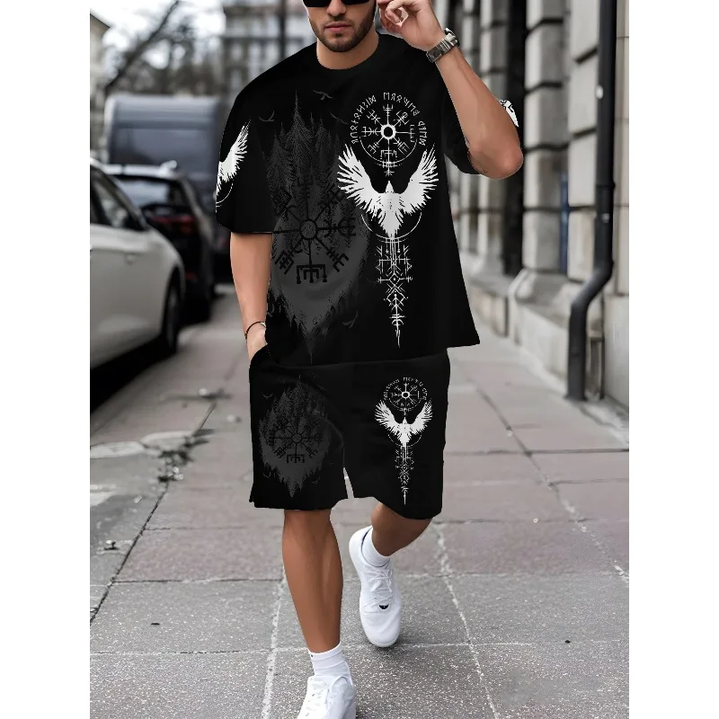 2025 Men's Summer 3D Printed Short Sleeved T-shirt Shorts Set Casual Sports Breathable Outdoor Casual Daily Street Wear