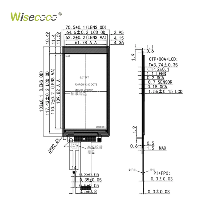 Wisecoco 5 Inch Tft Ips Lcd 720*1280 Resolution Mipi Interface Lcd Screen Module Support Oem Odm Display Size and Backlight