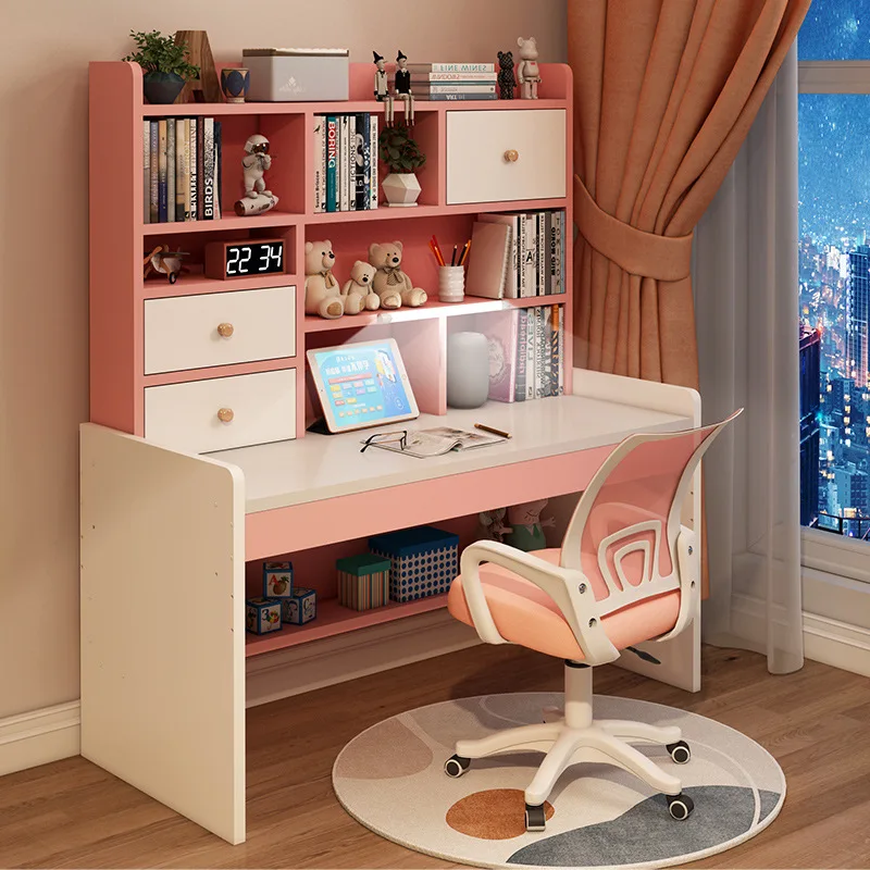 Children's desk, bookshelf, bookcase, integrated bedroom table and chair set, primary school student lifting writing desk