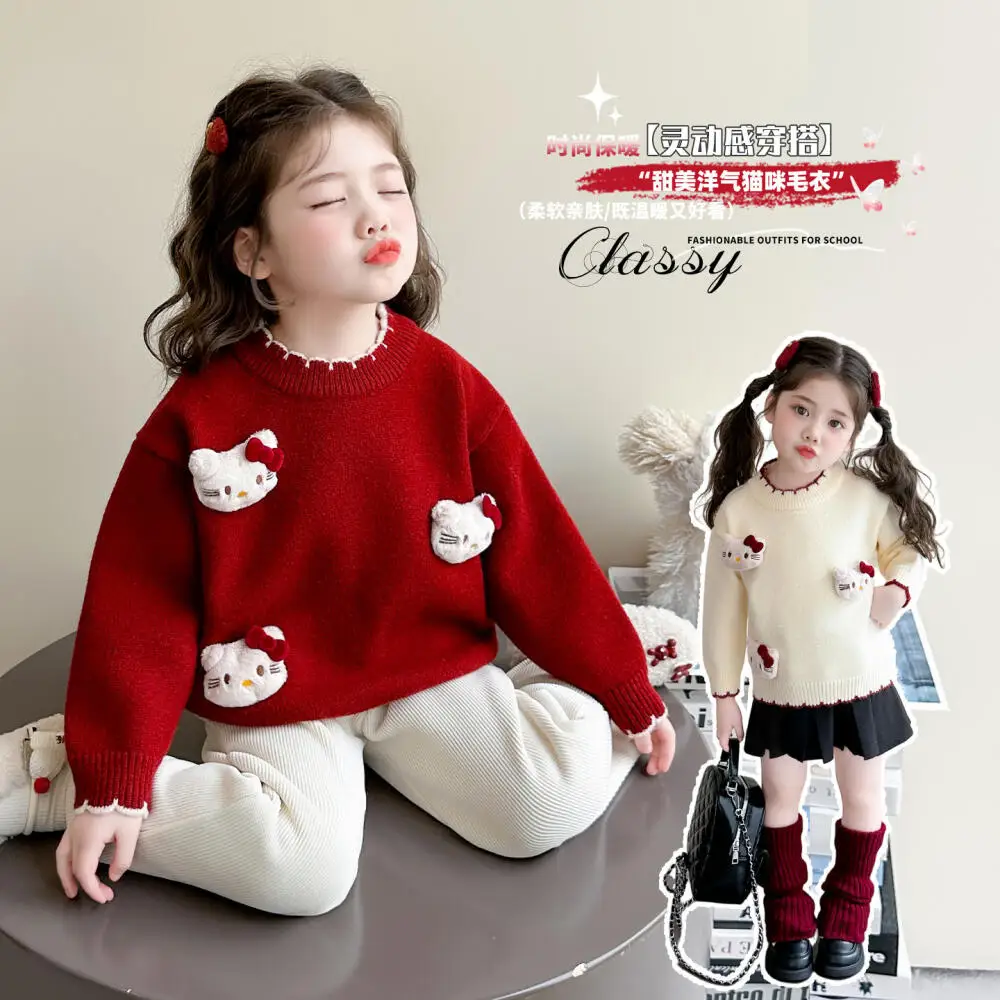 

Sanrio Hello Kitty Girls Sweater Autumn Winter Thickened 2025 New Children's Christmas Girl Cartoon Tops Festival Clothing Gifts