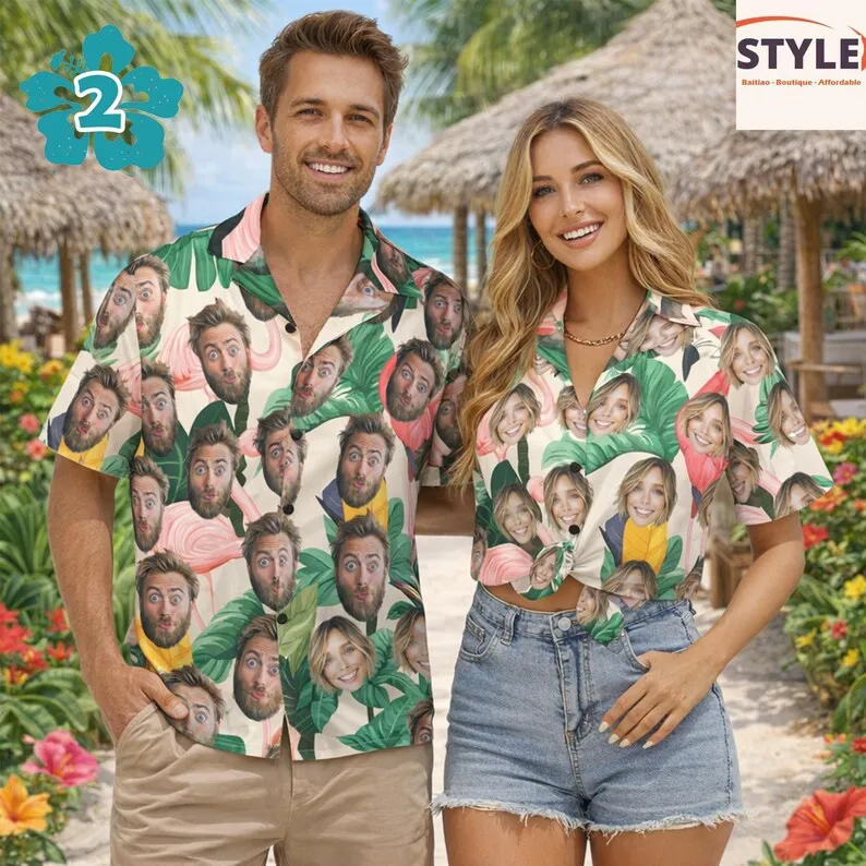 

Custom Face Print Couple Hawaiian Shirts Tropical Palm Leaf Pattern Matching Short Sleeve Button Down Beach Vacation Shirts