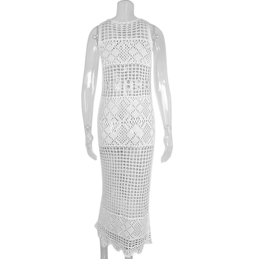 2023 Women Crochet Cover Up Bikini Swimwear Knit Hollow Out Beach Dress Swimsuit Solid Perspective Tunic Kaftan Sexy Pareo Beach