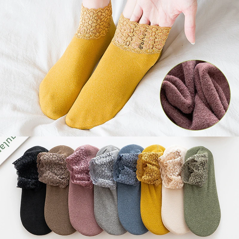 Velvet Floor Socks Lace Women's Silicone Non-slip Mid-tube Autumn and Winter Super Soft and Thick Velvet Warm Loose Socks