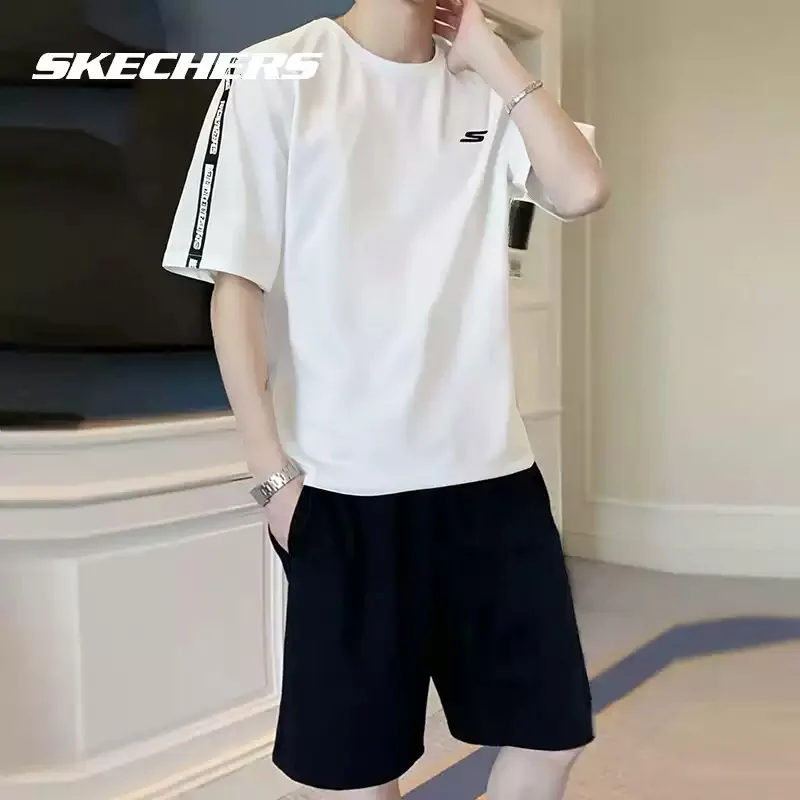 Skechers White Men's Knitted Short-Sleeved T-Shirt - Summer New Design for Sporty and Casual Wear P225M270-0019