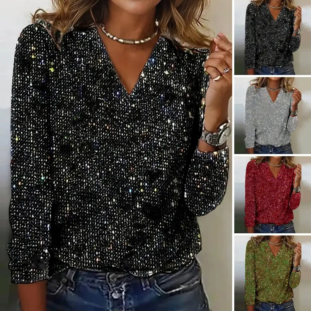 Blusa feminina elegante lantejoulas decote em v blusa de manga longa pulôver macio para mulheres respirável commute clube festa camisa confortável