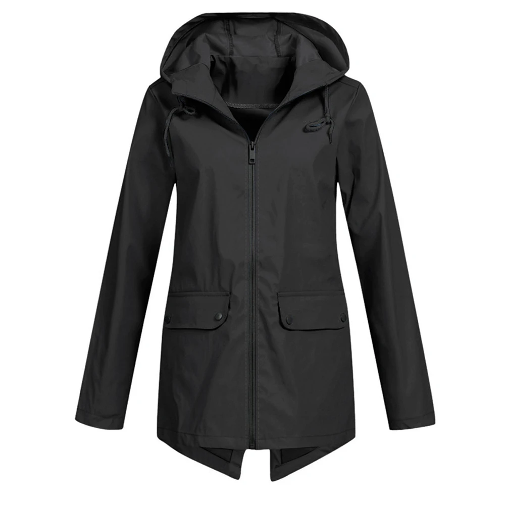 Comoda giacca da donna impermeabile con cappuccio, maniche lunghe e tasche con cerniera, adatta per attività stagionali all'aperto