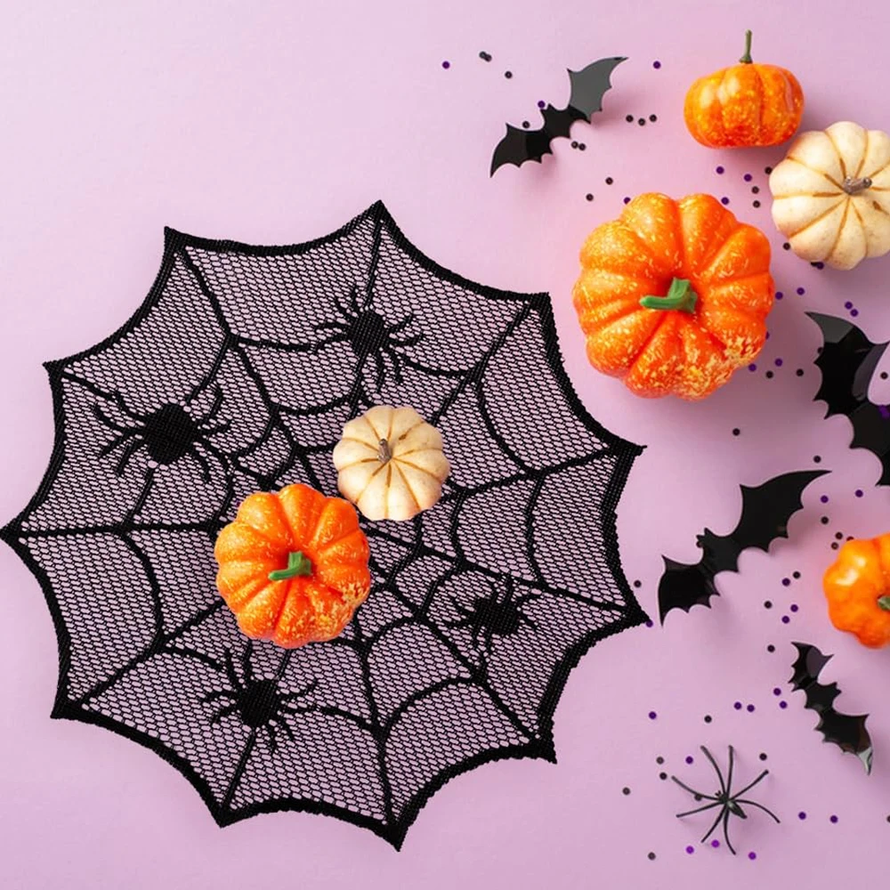 2/4pcs  Halloween Spider Web Placemats Black Lace Spider Web Table Mats Halloween Party Decoration Hollow Out Spiderweb Placemat