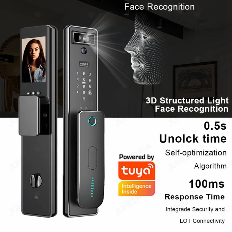 Tuya-cerradura de puerta inteligente con reconocimiento facial, dispositivo de cierre con cámara, biométrico, huella Digital, contraseña, completamente automático, Wifi, 3D
