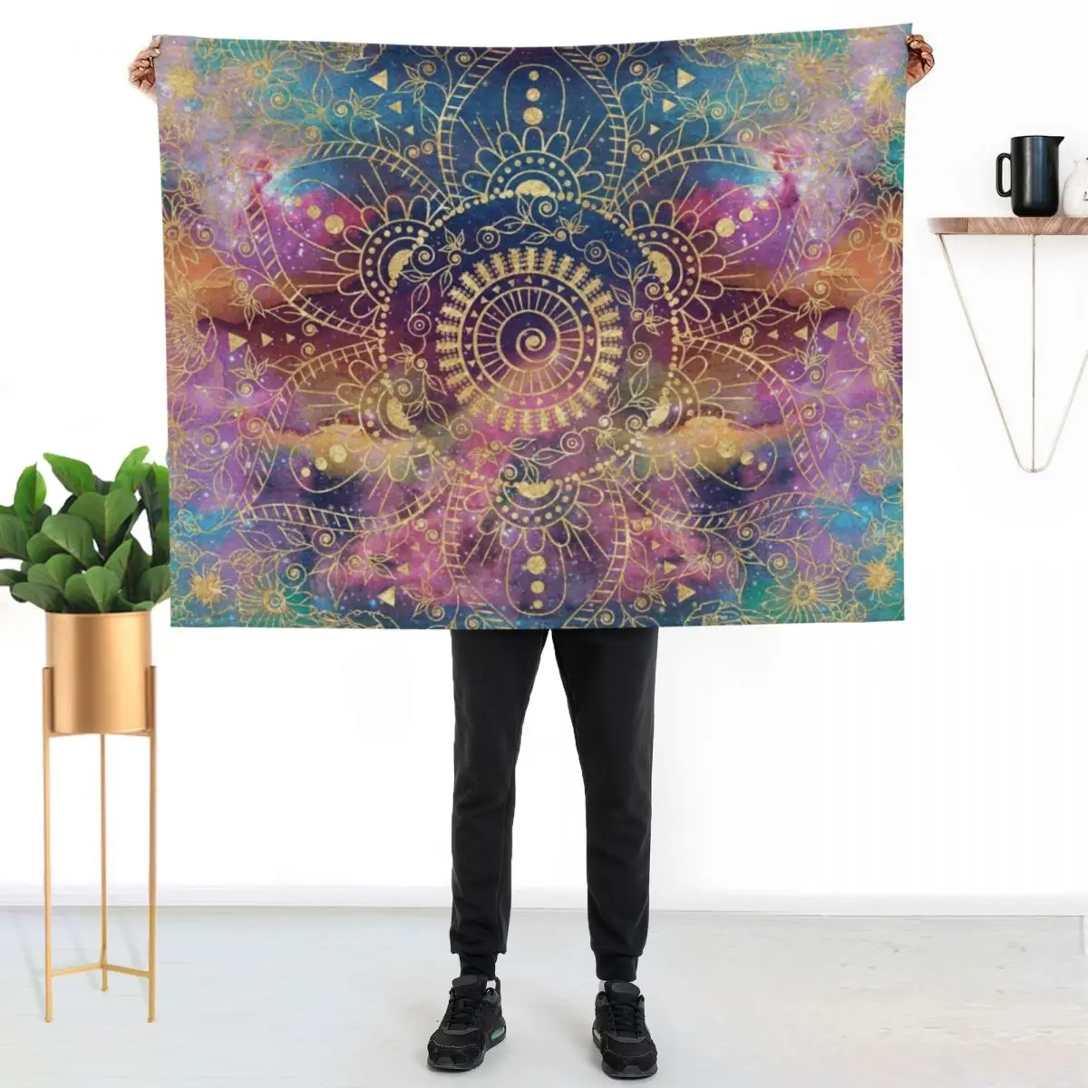 

Gold watercolor and nebula mandala Throw Blanket Compact Warm Blanket for Car Road Trip