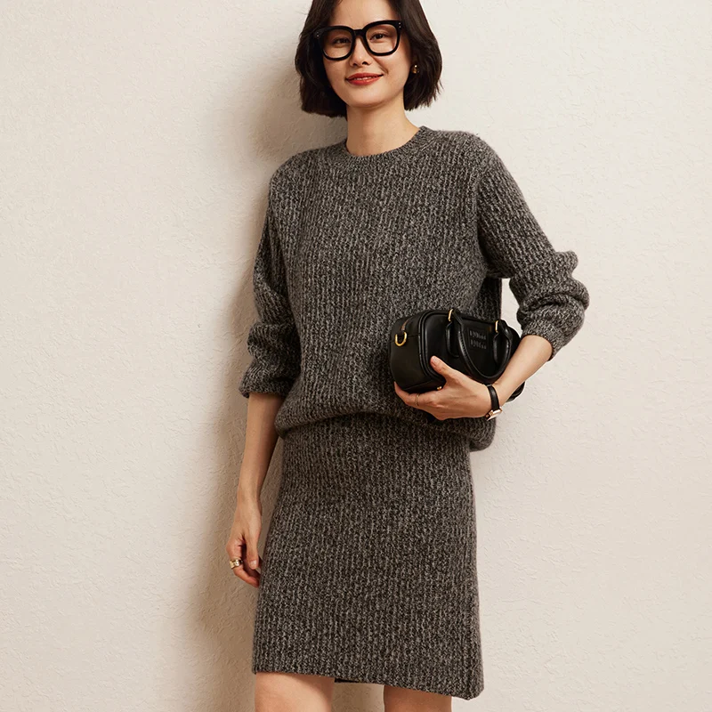 2024 Autumn Winter High Quality Fashion Suit 100% Cashmere Knit Sweater Women Cardigan And Skirt Two-Piece Female Girl Clothing