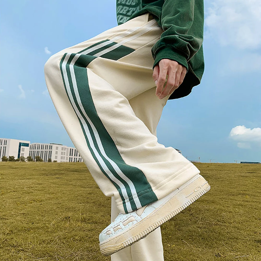 Men's Casual Beige Striped Pants Joggers BF Harajuku Summer Sports Sweat Drawstring Wide Leg Pants Male Straight Trousers