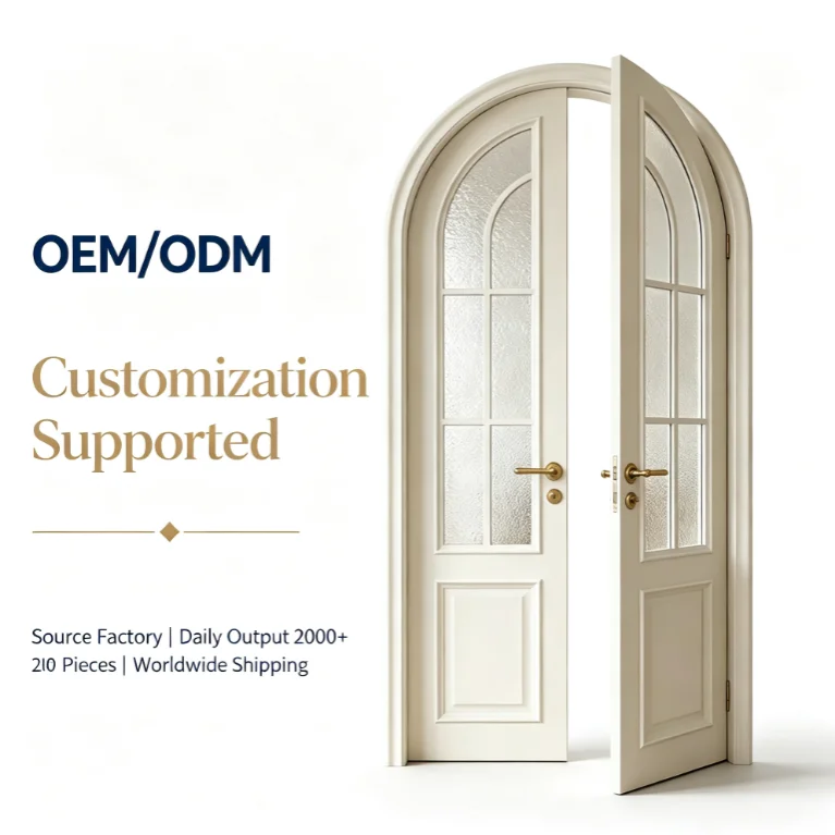 Elegant Vintage Cream Color Arched Double Door, Custom Glass Aluminum Wood Composite Interior Door For Luxury Home Decoration