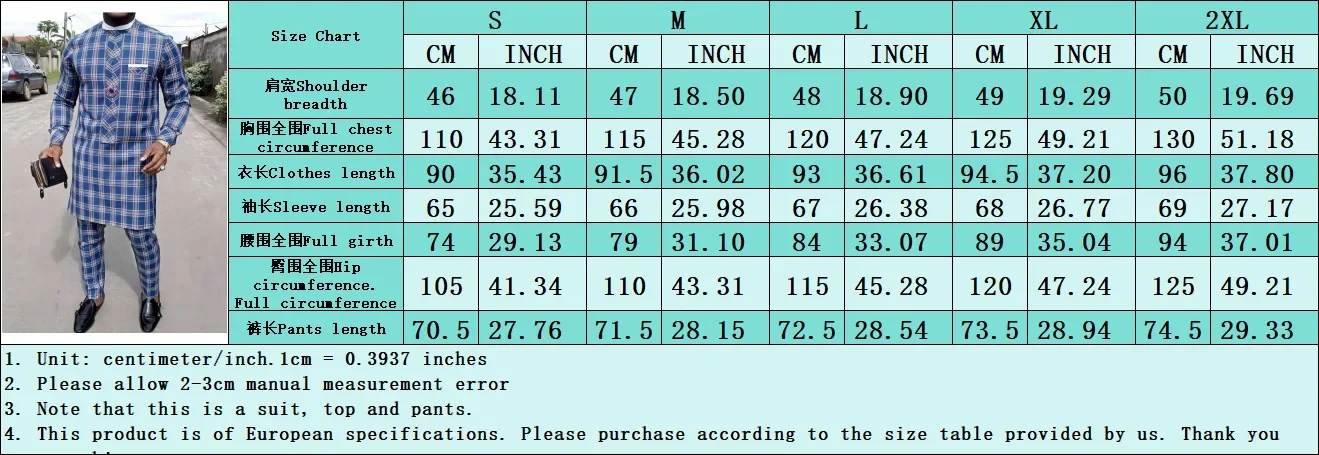 Four Seasons Hot Selling Men's 2 Piece Sets Afirican Syle Ethinic Casual Blue Plaid Clothes And Pants Button Muslim Men Clothing