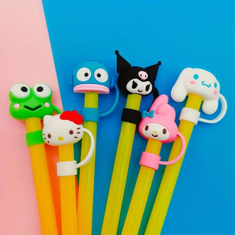 6 pçs sanrio melodia tampa de palha à prova de poeira kuromi olá kitty kawaii dos desenhos animados silicone 10mm tampa de palha palha copo de água acessórios