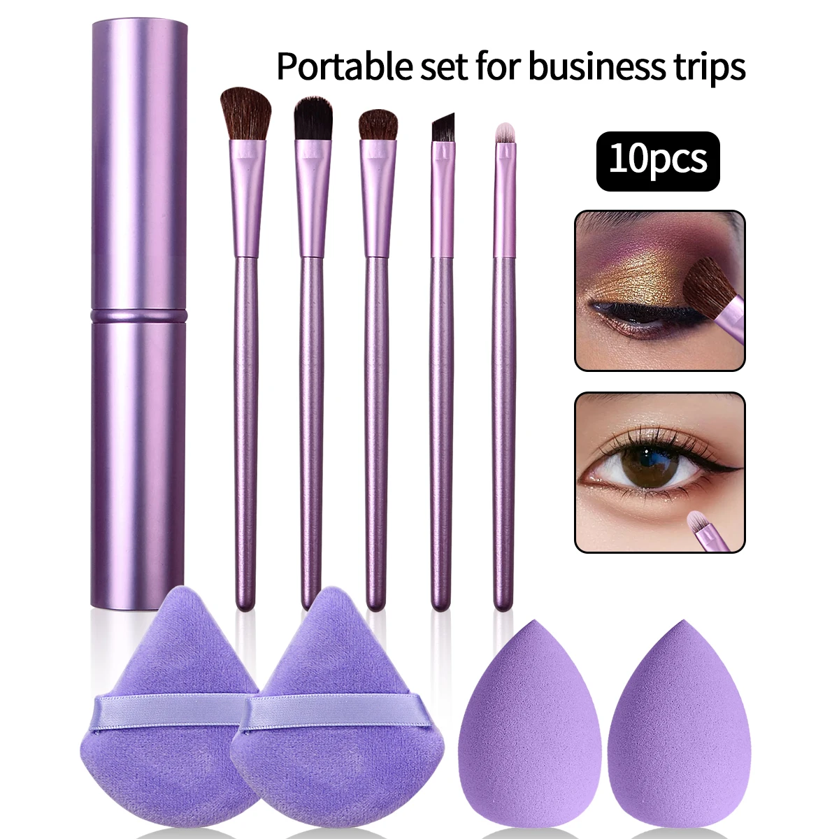Set di pennelli per trucco occhi multifunzionali con tubo in alluminio viola da 10 pezzi e spugna triangolare per trucco che non si ostruisce