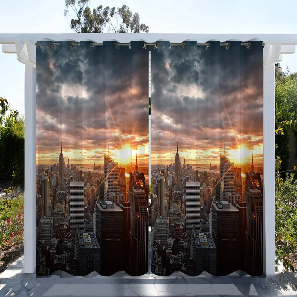 1pc Outdoor Waterproof Oil-proof Curtains,Modern Sunshade City Light Night View River Building Print Curtain For Living Room