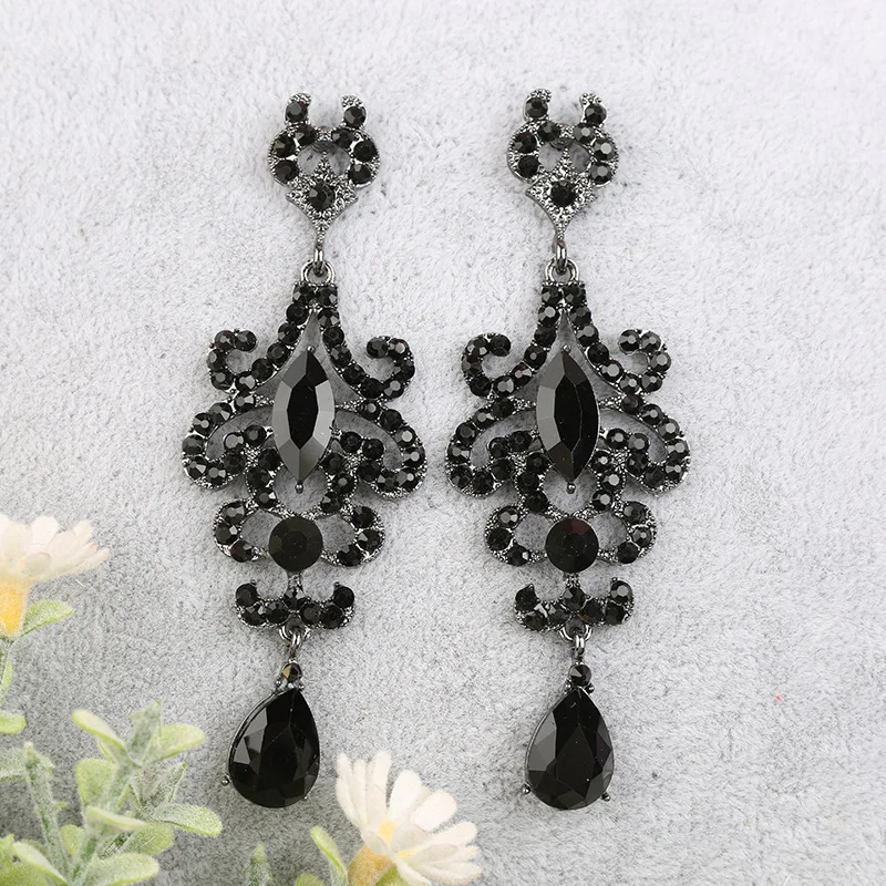 Prom Pageant Jewelry Art Deco Accessories Long Black Gothic Chandelier Rhinestone Crystal Dangle Drop Earrings for Women