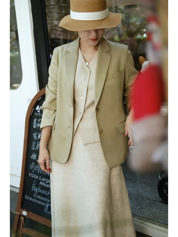 

Soft Linen Suit Jaet Women's Loose Plaid Autumn Faion Casual Single Button Closure Long Sve round Hem Gauze Design