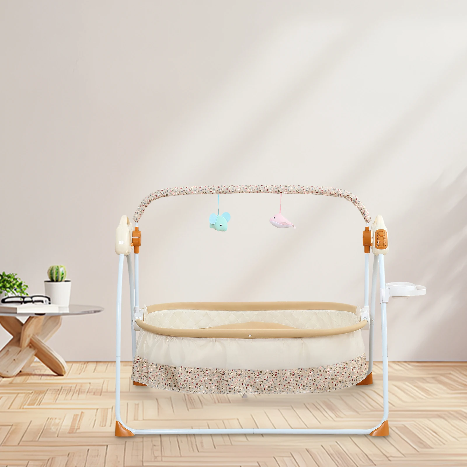 Electric Cradle Foldable Electric Baby Cradle w/ Music Dual Control, Mosquito Net & Swing, 5-Level Adjustable Rocking Bassinet