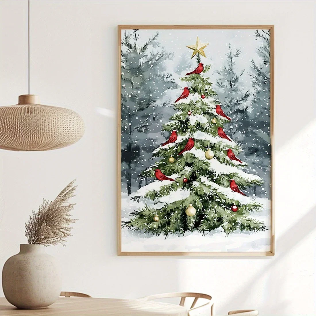 Kerstboom en kardinaal canvas kunstprint lichtbestendig woondecoratie geschikt voor woonkamer slaapkamer kantoor vakantiecadeau