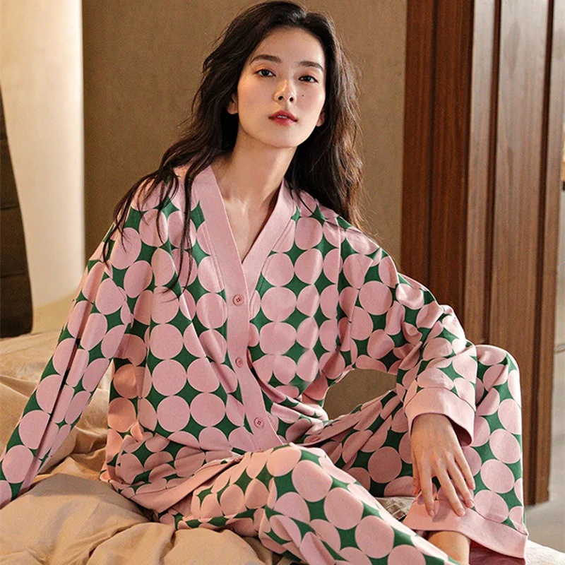 New Ladies Pajamas Homewear Suit Female Cardigan Spring and Autumn Models Long-Sleeved Cute Girl Models Ins Casual Homewear