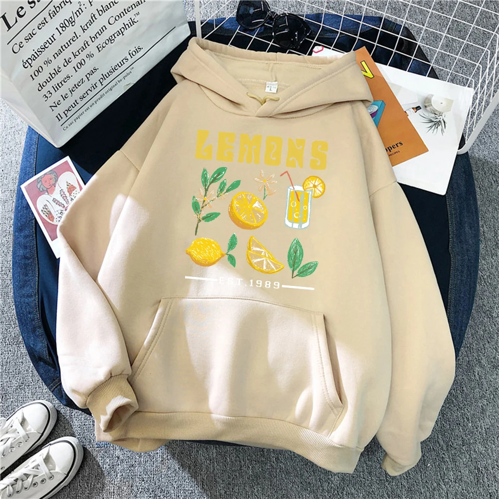 The Production Of Lemon Juice Print Hoodies Women Fashion Fleece Pullover Creative Vintage Hoody Pocket Oversize Streetwear