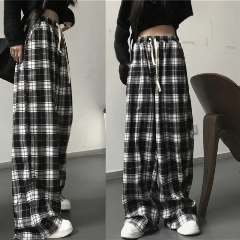 Wide Leg Pants Womens Teens Summer Fall Trendy Harajuku Plaid High Waist Oversized Loose Trousers Streetwear with Pocket