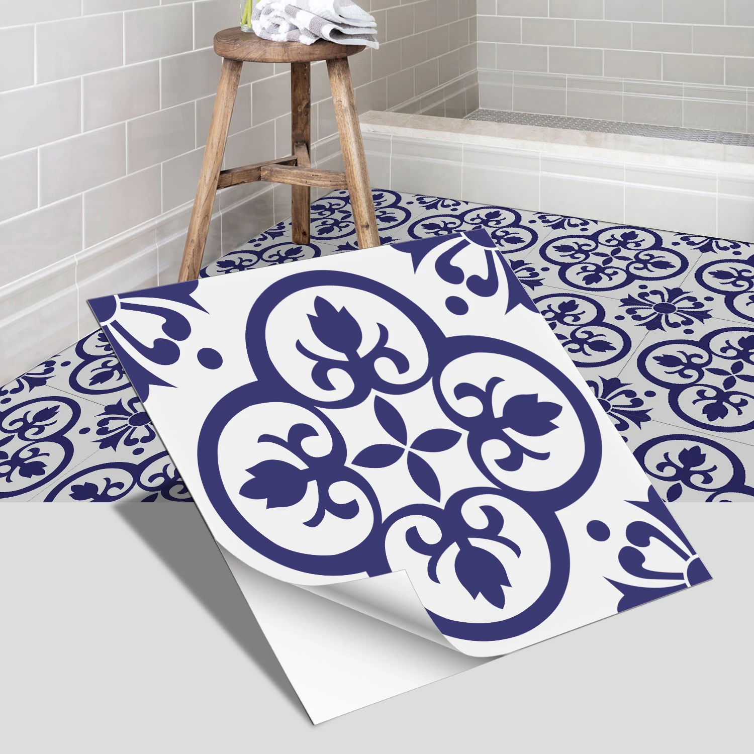 Blue Art Tile Floor Sticker Waterproof and Non slip Bathroom Bedroom Home Decoration Removable Self adhesive Tile Wall Decal