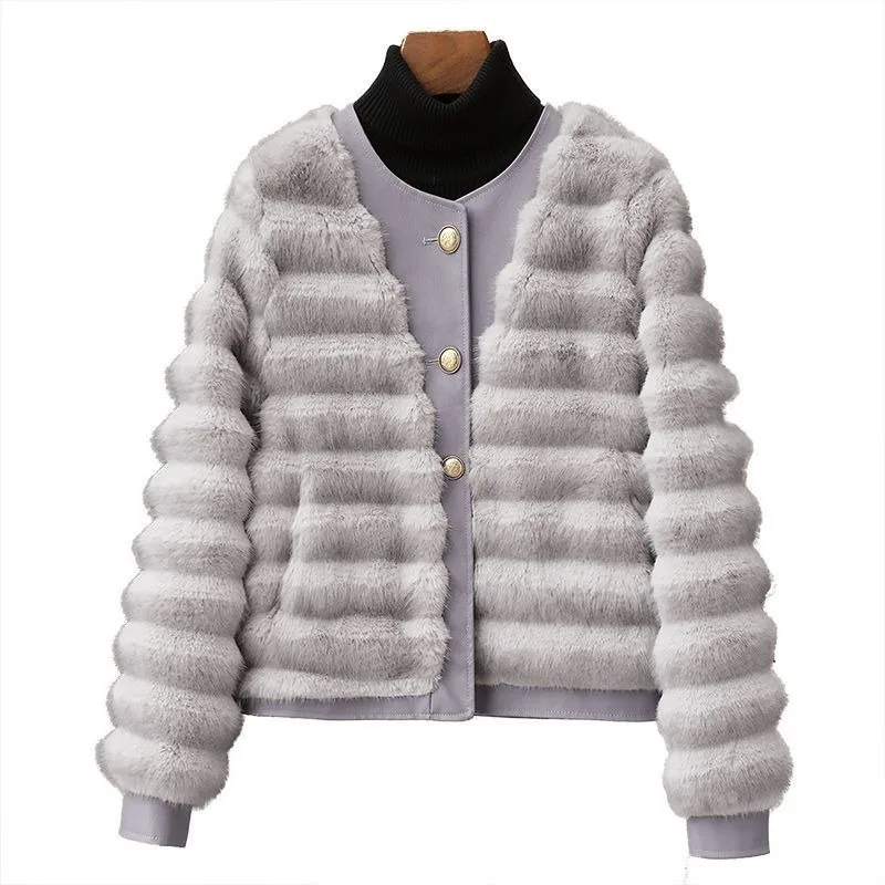 معطف فرو المنك الجديد لخريف وشتاء 2025 برقبة دائرية من فرو المنك المقلد صديق للبيئة للنساء