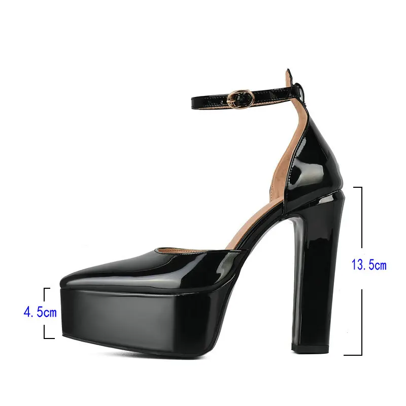 2023 Spring Autumn Women High Heel Shoes Platform Square High Heel Ladies Pumps Patent PU Leather Pointed Toe Buckle Party Shoes