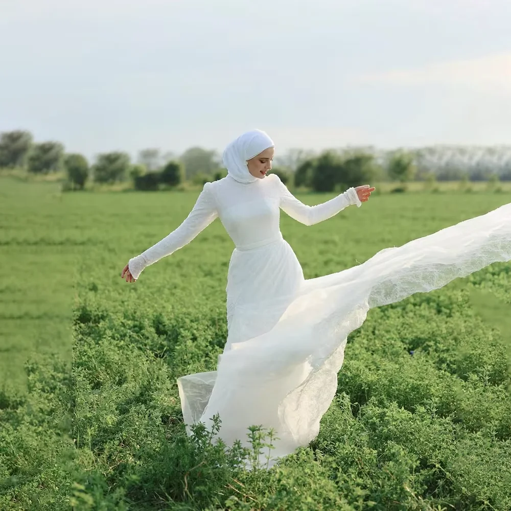 Luxuriöse muslimische Brautkleider Hijab Braut Stehkragen Langarm Meerjungfrau Zivilspitzenkleid Brautkleider Maßgeschneiderte Robe de Mariée