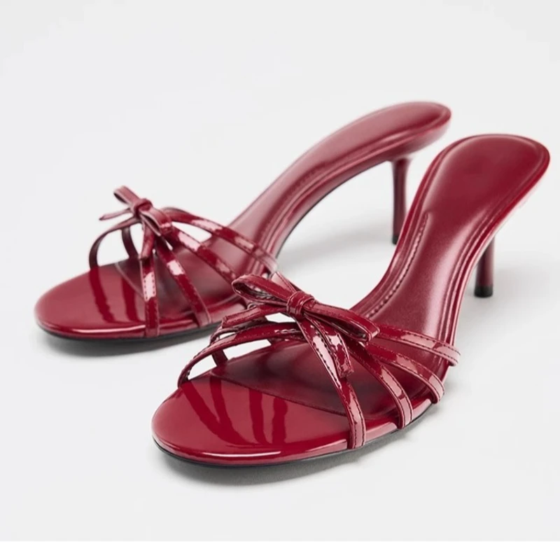 

Women's shoes2025summer new bow high heels red stiletto slippers fashion retro French ladies wear-resistant sandals 35--43 sizes