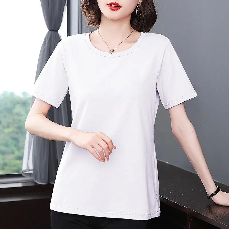 Casual Three-dimensional Decoration Patchwork Crumpled T-Shirt Simplicity Summer Round Neck Loose Short Sleeve Midi Tops Women's