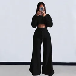 New Fashion Women's Two-Piece Long Sleeve Short Top And Wide Leg Pantsuit Spring Solid Color Comfortable Ladies 2-Piece Set