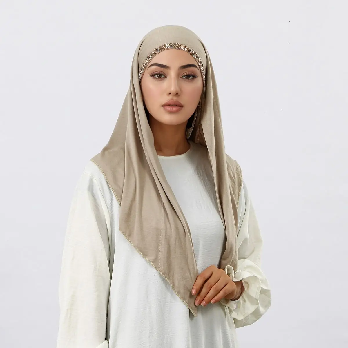 

New Jersry Women's Muslim Instant Hijab Rhinestone Headscarf Ramadan Shawl Women's Elasticity Strap Headscarf Soft Head Wraps