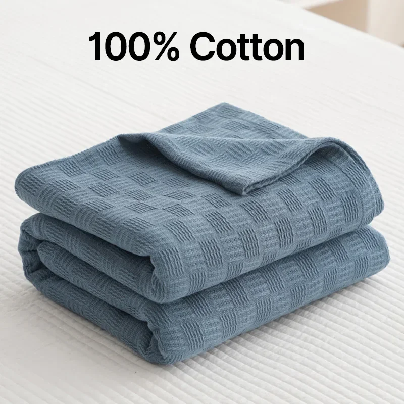 yes100% Cotton Waffle Blanket for Bed Sofa Summer Air Conditioning Throw Blanket Soft Breathable Plaid Bedspread King Queen Size