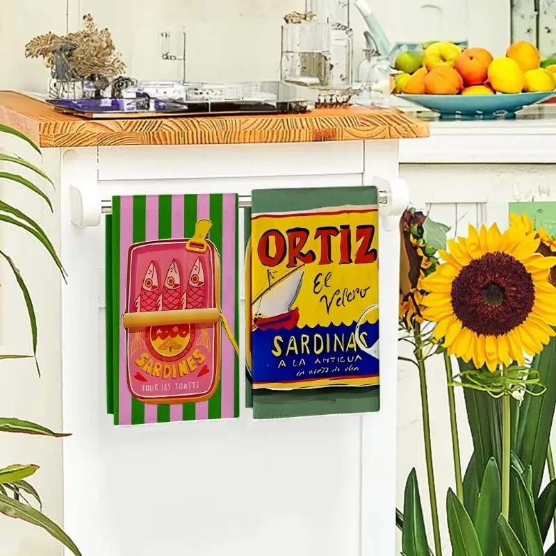 2Pcs, Pink and Green Color-Blocking Quirky Seafood Can Design Kitchen Towels 40Cm*60Cm Towel Set, Super Absorbent Cleaning Cloth