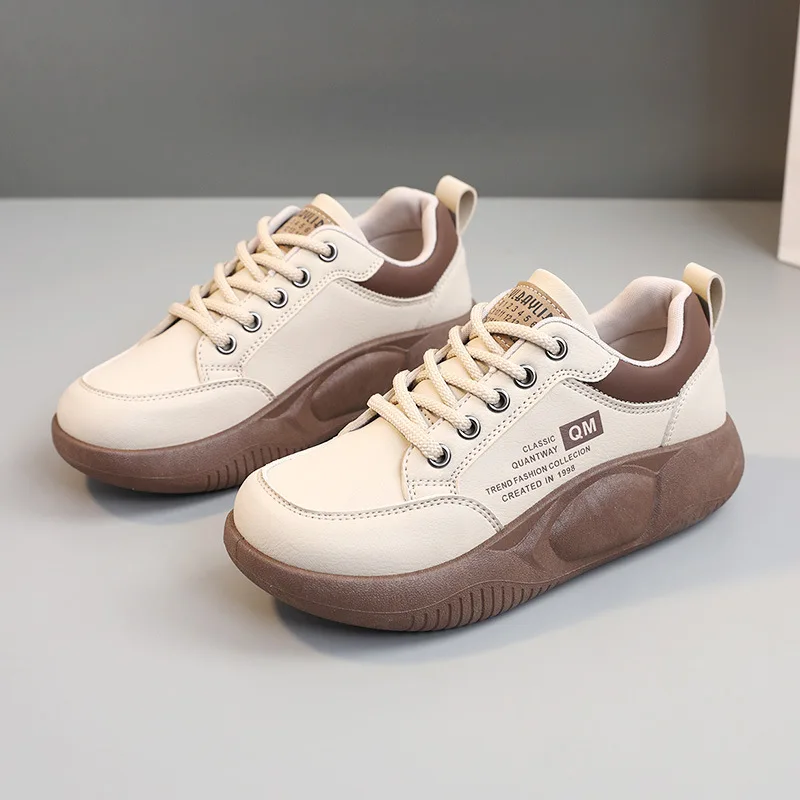 New 2024 Spring Casual Thick Bottom Shoe Korean Sports Women\'s Leather Vulcanize Shoes Platform Sneakers Comfortable