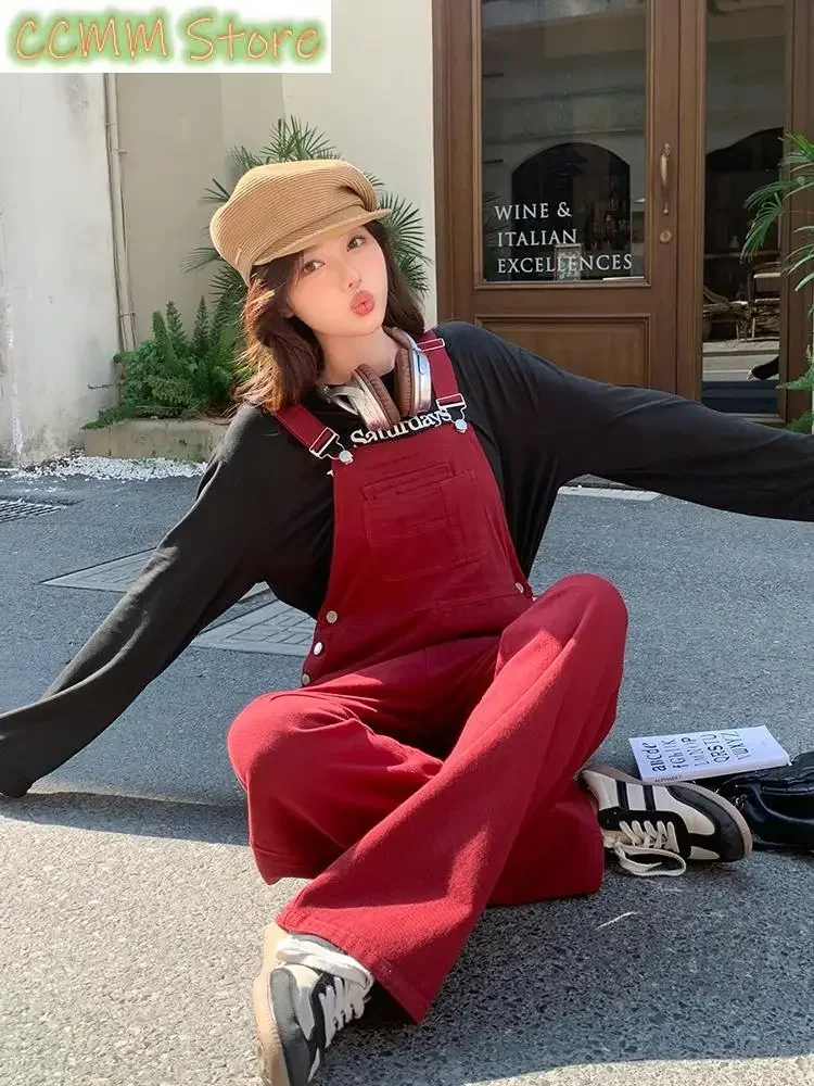 Women's Red Vintage Overalls Casual Streetwear Fashion Sweet Girl Wide Leg Pants Female Baggy Rompers Straight Trouser