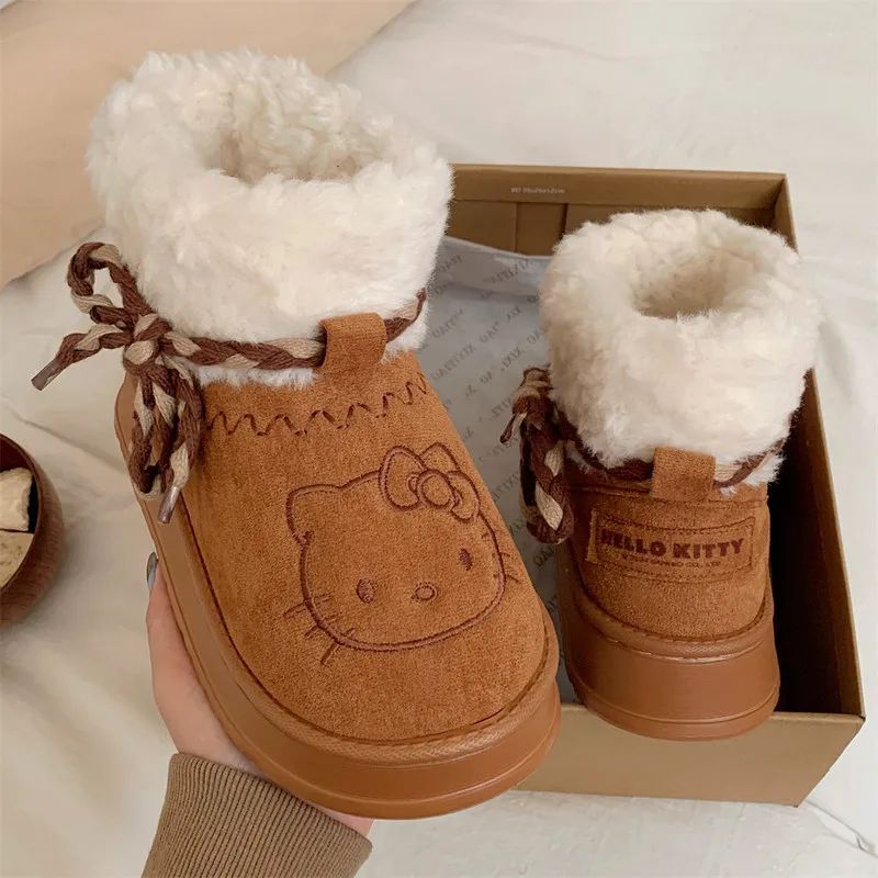 Hellokitty Snow Boots Winter Women'S Casual Retro Fashion Kt Cat Plush Thick Sole Warm Cotton Shoes Cute Girls Birthday Gifts