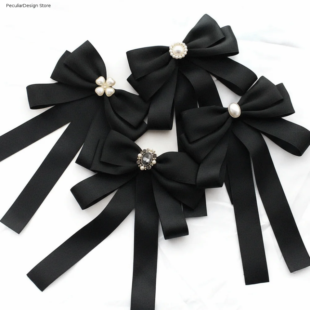 Luxury Rhinestones Black Ribbon Pin Pearl Multi-layer Funerals Memorial Pin Love Heart Pin Black Bow Necktie Girl