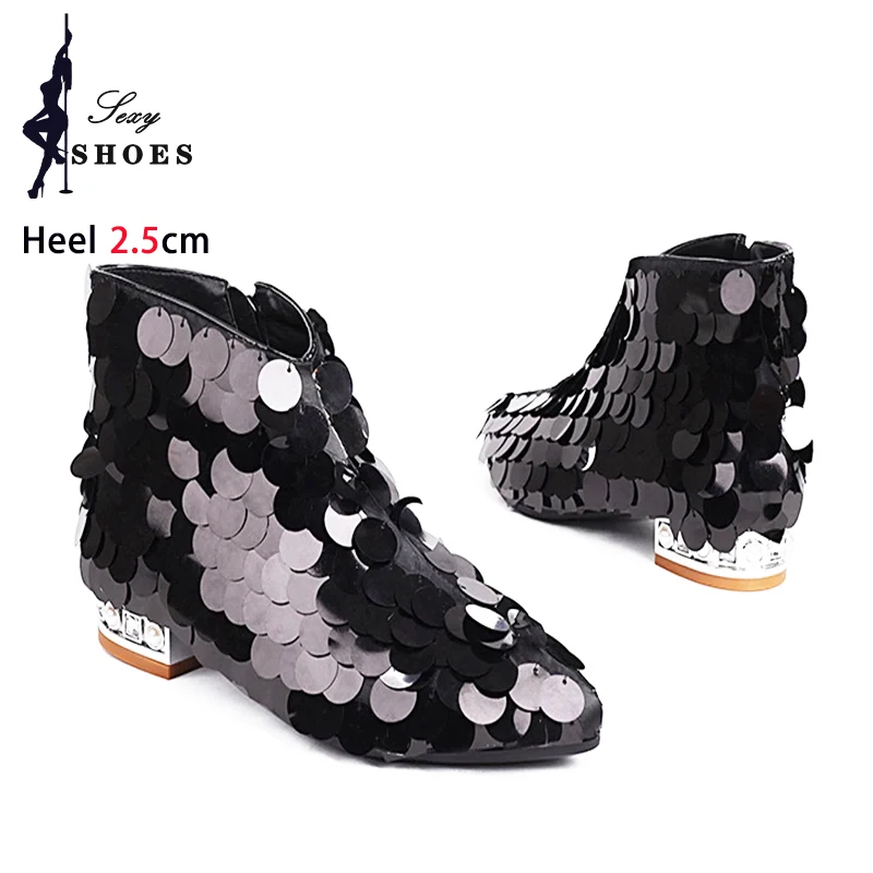 Women Ankle Boots Low Heel Ladies Sequined Heels Bling Glitter Side Zip Female Booties Cosplay Shoes Sapato Feminine Plus Size