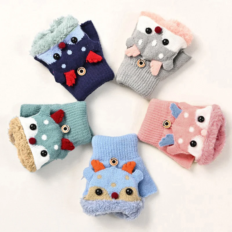 Children Winter Gloves Christmas Cute Cartoon Elk Flip Half-Finger Mittens For Girl Boy Kids Warm Plush Lined Fingerless Gloves