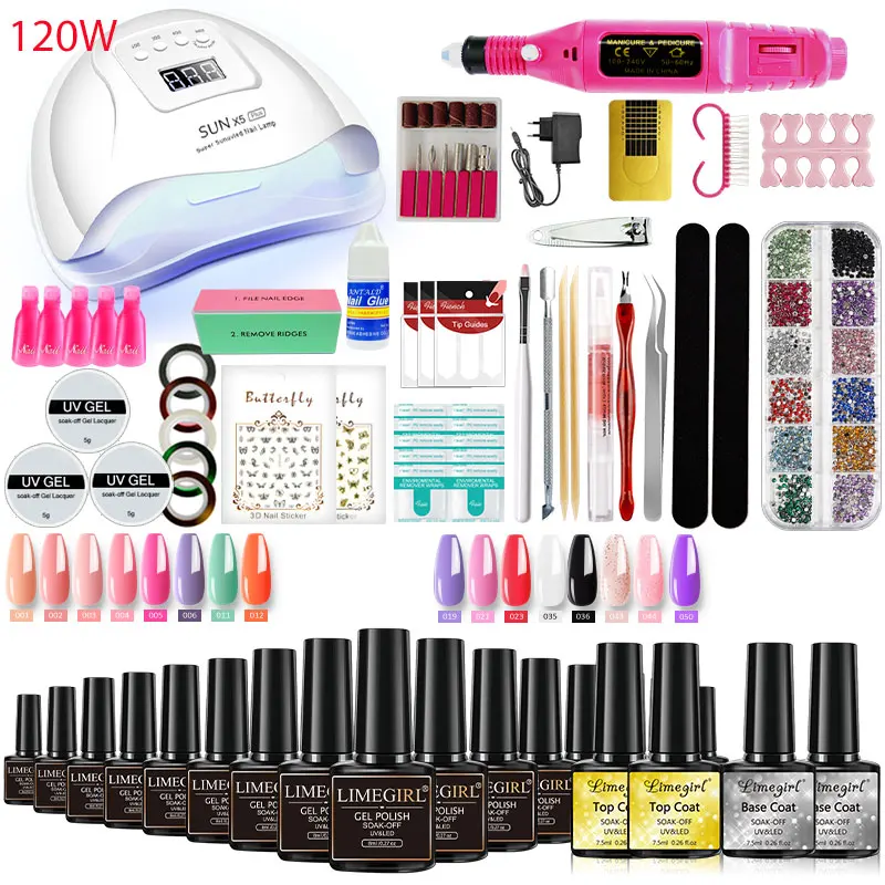 Limegirl Professional Manicure Kit Nail Gel Kit with 120W/54W UV Nail Art Lamp Suitable for All Drying Gel Nail Polish Manicure