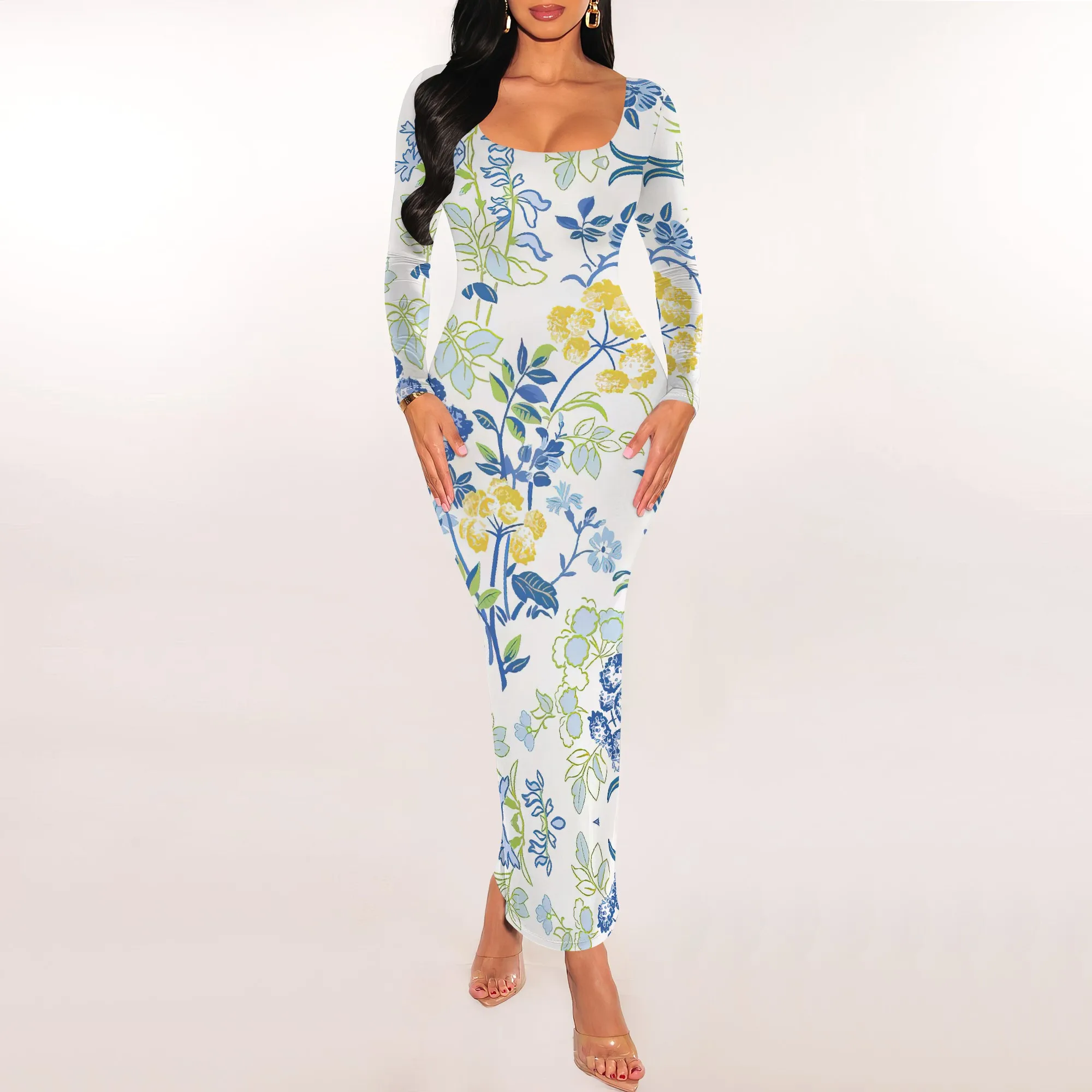 

Blue Yellow Floral Print Bodycon Maxi Dress Long Sleeve Elegant Slim Fit Spring Summer Dress