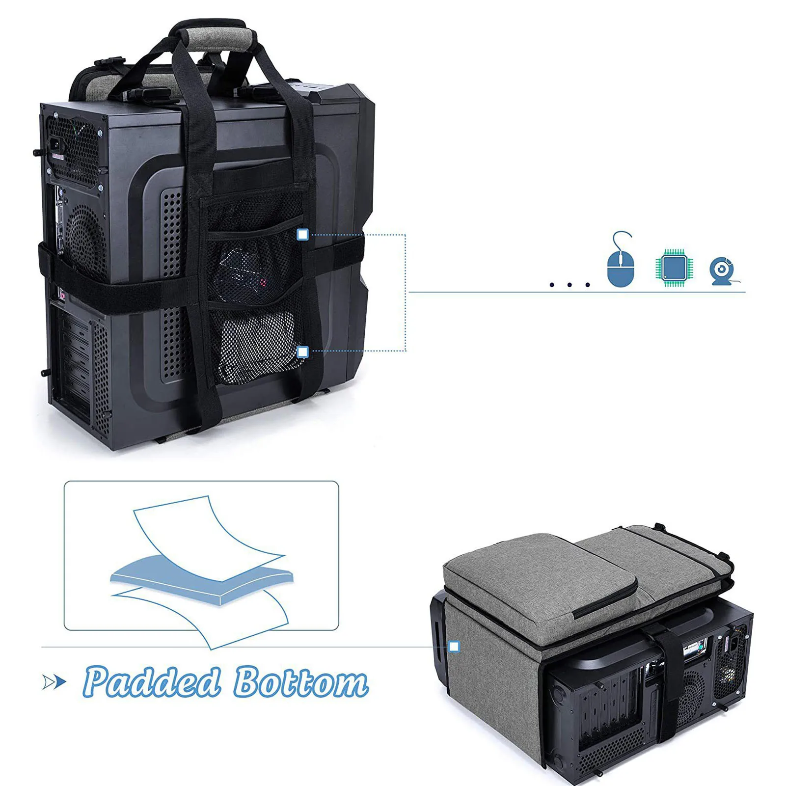 حزام حمل برج الكمبيوتر مع مقبض حقيبة حمل سطح المكتب مع جيوب لكابل لوحة المفاتيح وملحقات الكمبيوتر والبوليستر