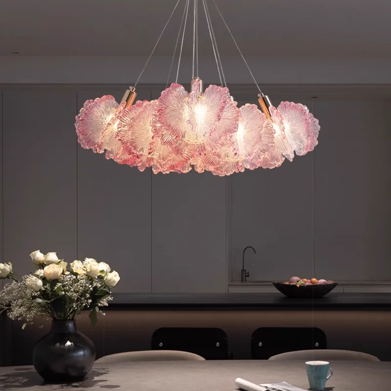 

Modern Pink Floral Round Chandelier Clear Crystal Flower Petal Pendant Light for Living Room Bedroom Dining Room Ceiling
