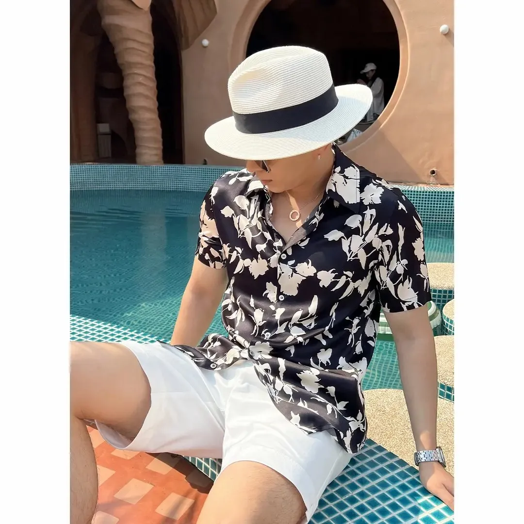 

Шелковая мужская рубашка с коротким рукавом, свободного кроя, класса люкс, летняя, модная, в городском стиле, с градиентным принтом, не требует глажки