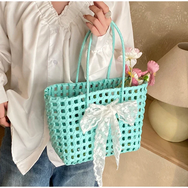 Koreanische Hohlgeflochtene Schleifen-Handtasche, Süße Einfarbige Gemüsekorb-Tasche, Lässige Vielseitige Schultertasche mit Großer Kapazität, Neu – Detail 5