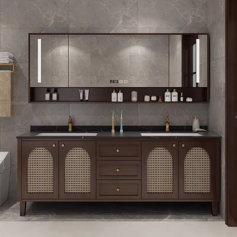

rattan bathroom cabinet, floor-to-ceiling sink, bathroom sink, rock slab seamless ceramic basin